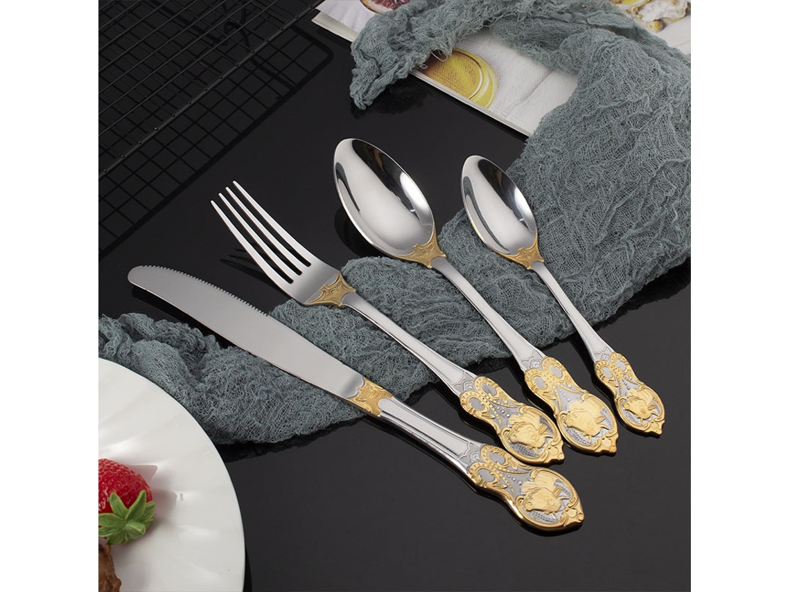 (conjunto De 4 Peças - Boi) Talheres De Aço Inoxidável, Talheres, Colheres, Talheres Retrô Banhados A Ouro Com Relevo.