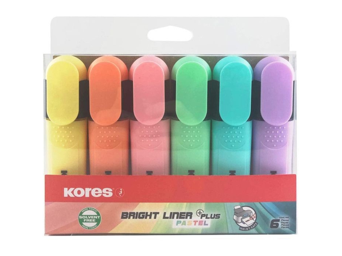 Massa Com 6 Marcadores De Ponta Chanfrada Em Núcleos Pastéis Kores Bright Liner
