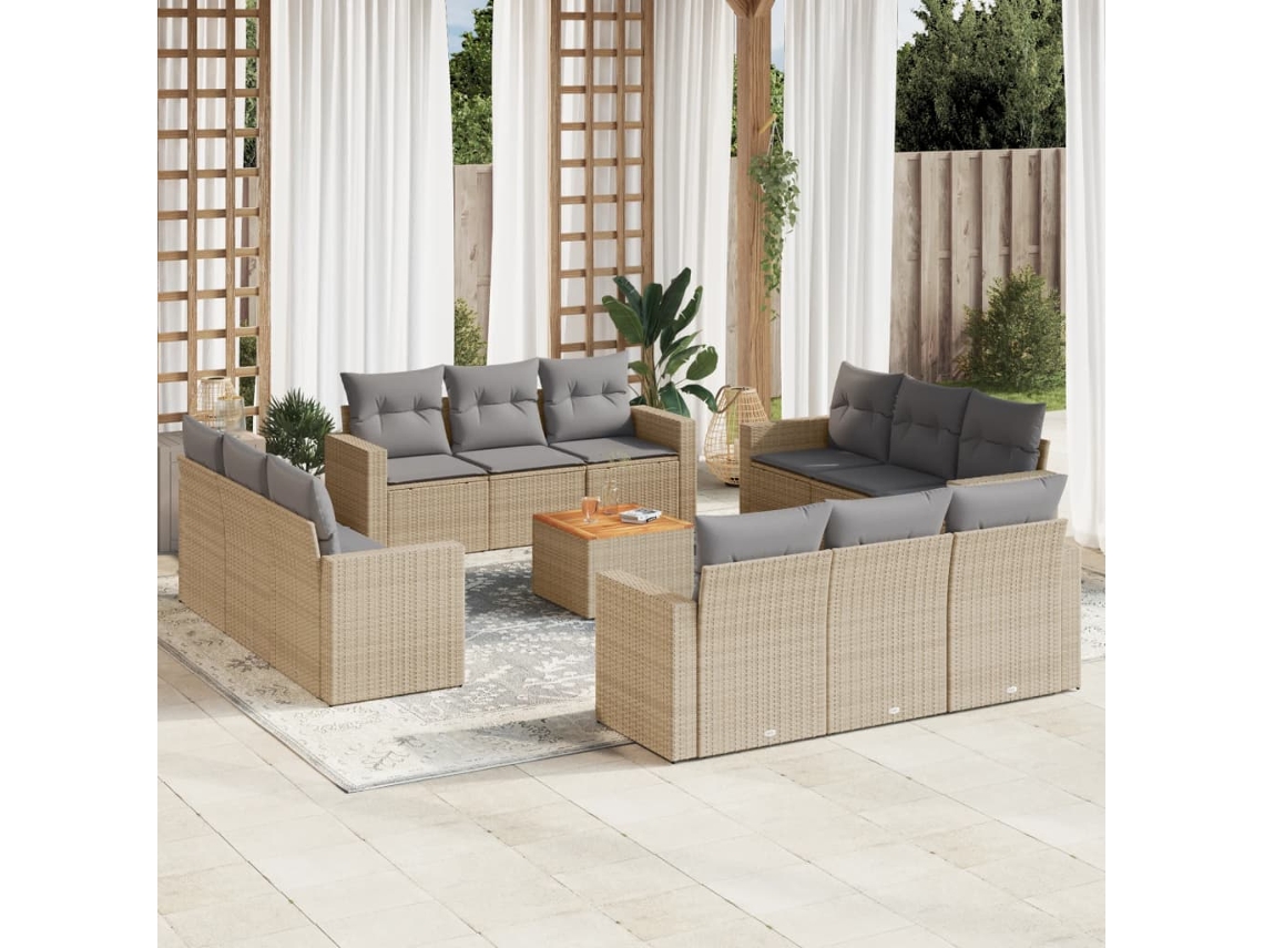Vidaxl 13 Pcs Conjunto De Sofás P/ Jardim Com Almofadões Vime Pe Bege