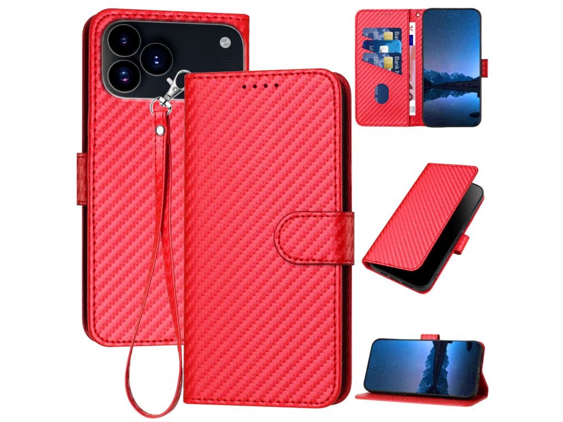 Capa De Couro Para Iphone 17 Pro Max - Fivela Em Fibra De Carbono - Com Cordão