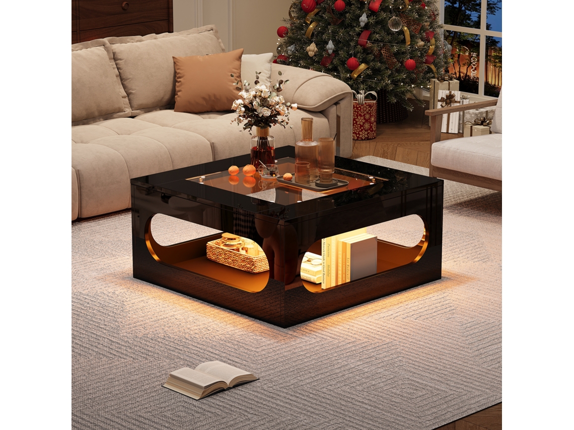 Mesa Centro Quadrada 70x70x35cm Vazada Vidro Led Mdf Preta