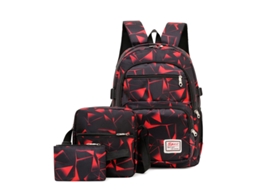 Mochila De Três Peças Com Estampa Quadrada, Mochila Estudante Vermelha