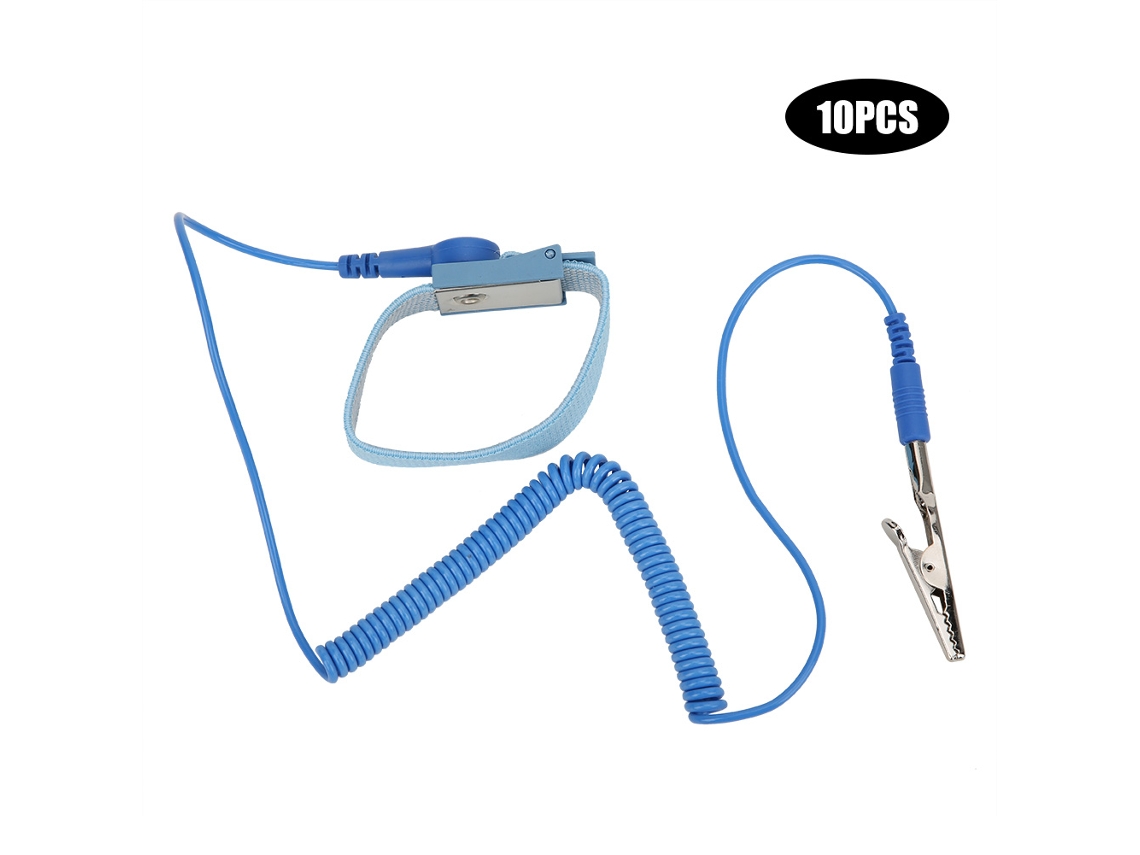 10 Unidades Pulseira Antiestática Azul Com Gaze Condutiva Branca E Cabo De Terra Descarga Esd Ajustável