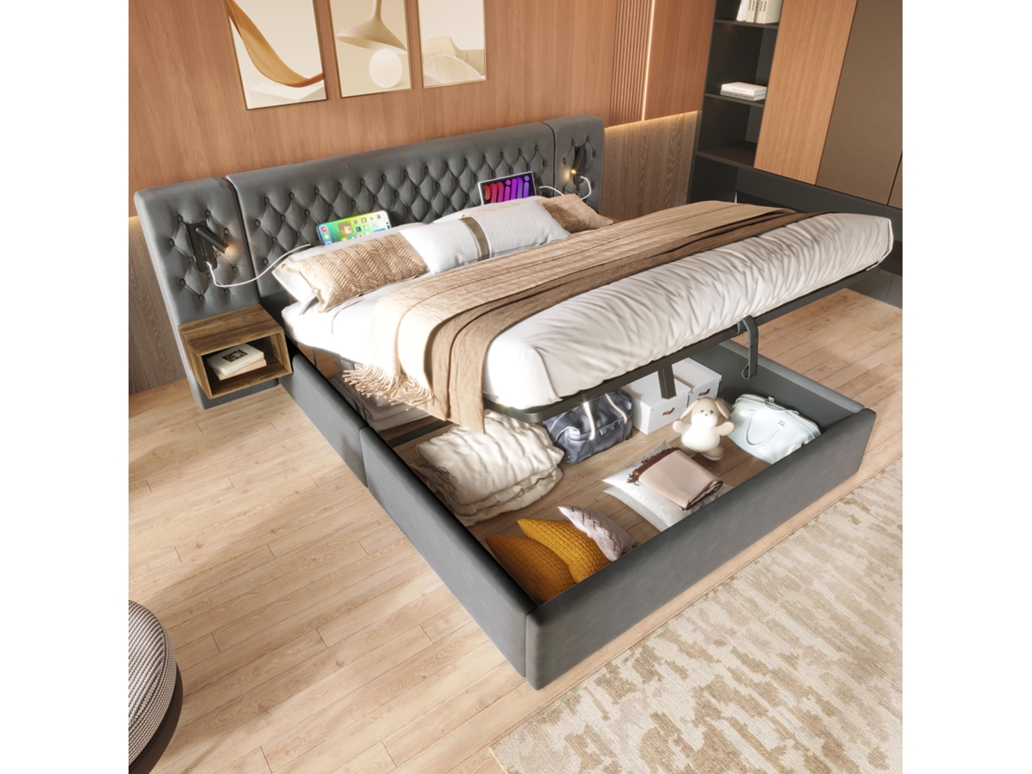 Conjunto Quarto Cama Casal 180×200 Cm 2 Mesas Cabeceira Usb