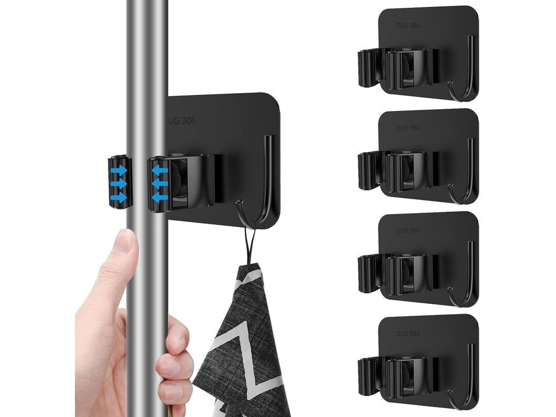 Suporte Para Mop E Vassoura 4 Peças, Aço Inoxidável Sem Furo Parede Com Ganchos Preto