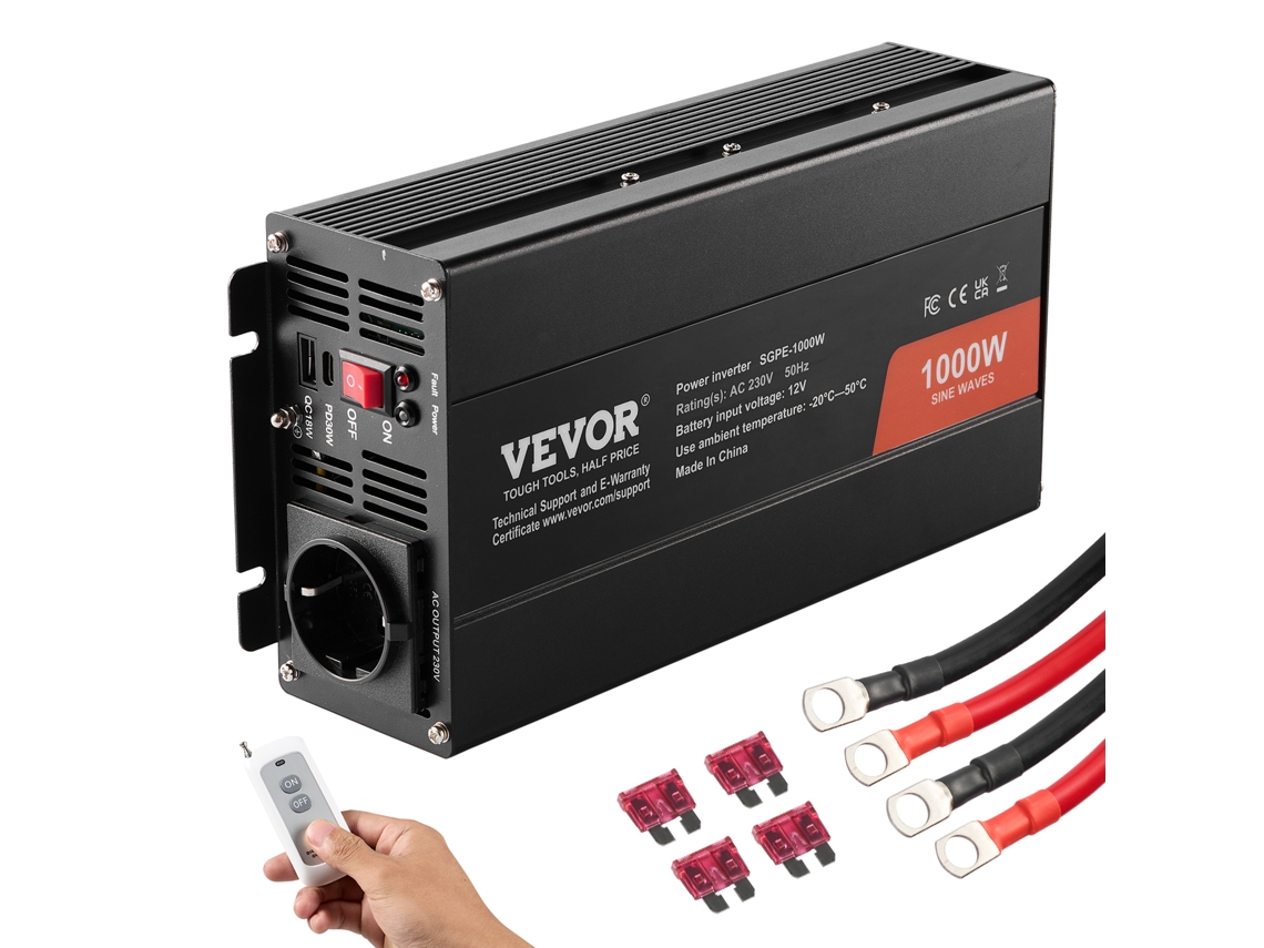 Inversor de Potência de Onda Senoidal Pura VEVOR 1000W Dc12V para Ac230V Controle Remoto Ce Fcc
