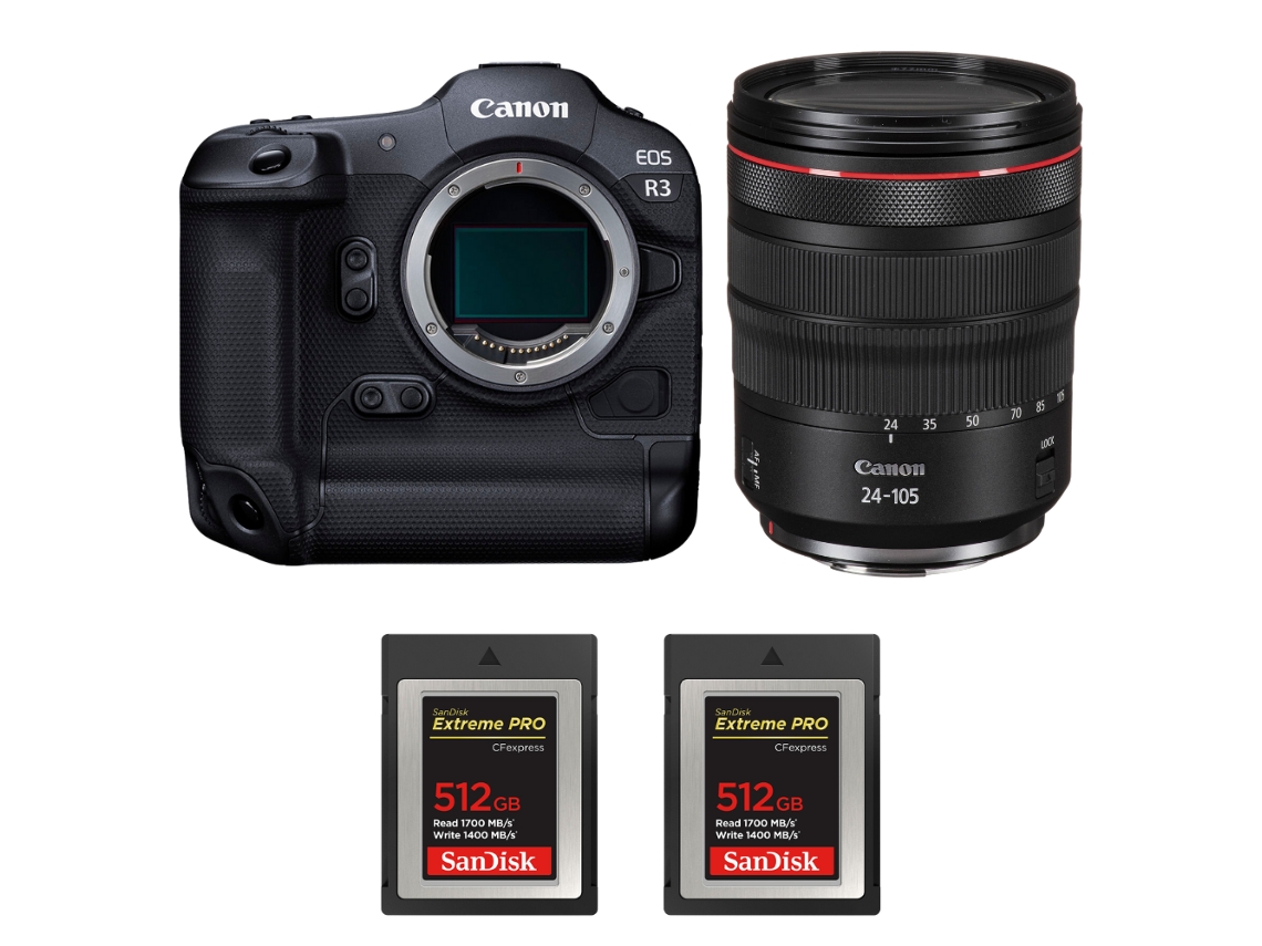 Eos R3 + Rf 24 105mm F/4 L Is Usm + 2 Sandisk 512gb Extreme Pro Cfexpress Type B + Ebook “20 Dicas para Fotos Que Impressionam” CANON