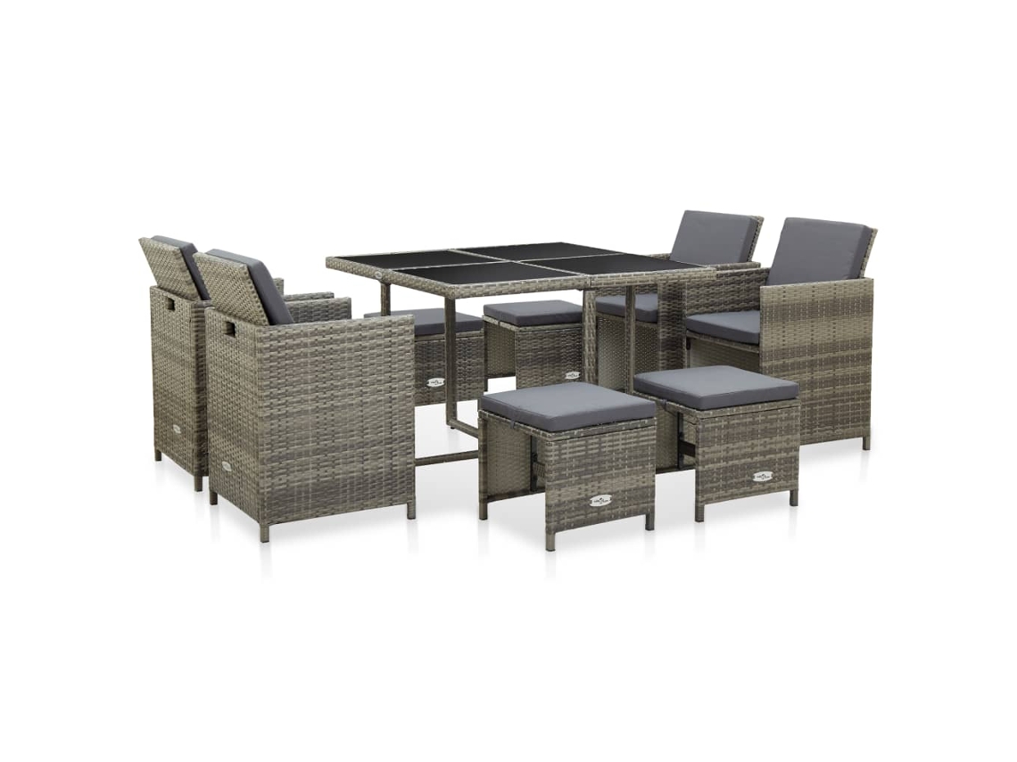 Pcs Conjunto Jantar Exterior C/ Almofadões Vime Pe Cinzento Dkd Home Decor