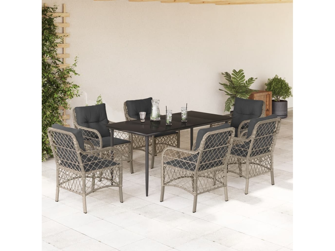 Vidaxl 7 Pcs Conj. Jantar P/ Jardim C/ Almofadões Vime Pe Cinza-claro