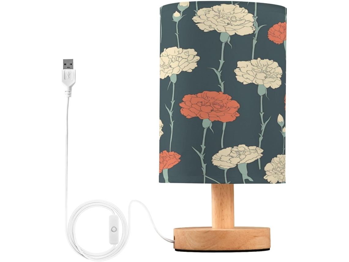 Abajur De Cabeceira Led Floral Branco E Vermelho Para Quarto, Luminária De Leitura Com Cúpula Tecido, Base De Madeira E