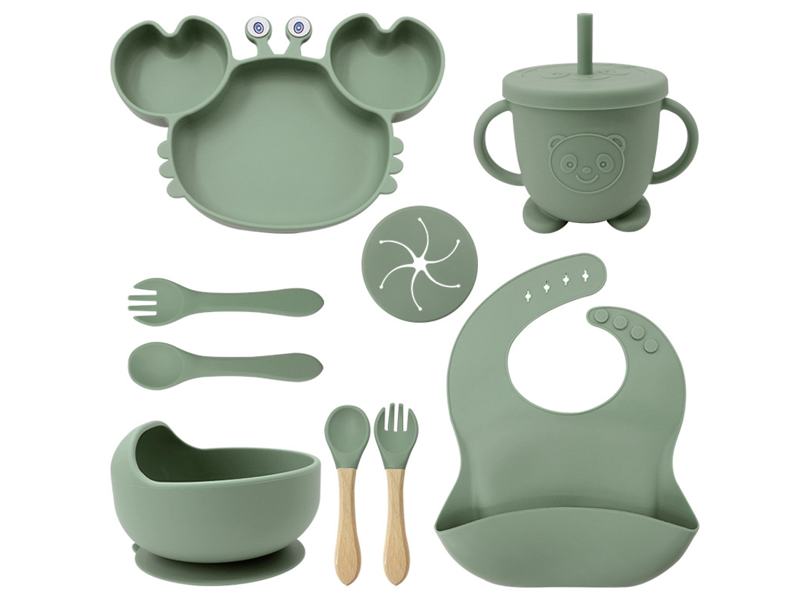 9 Conjuntos De Talheres De Silicone Verde Para Bebê: Pratos, Tigelas, Copos, Aventais E Talheres Com Estampa De Caranguejo.
