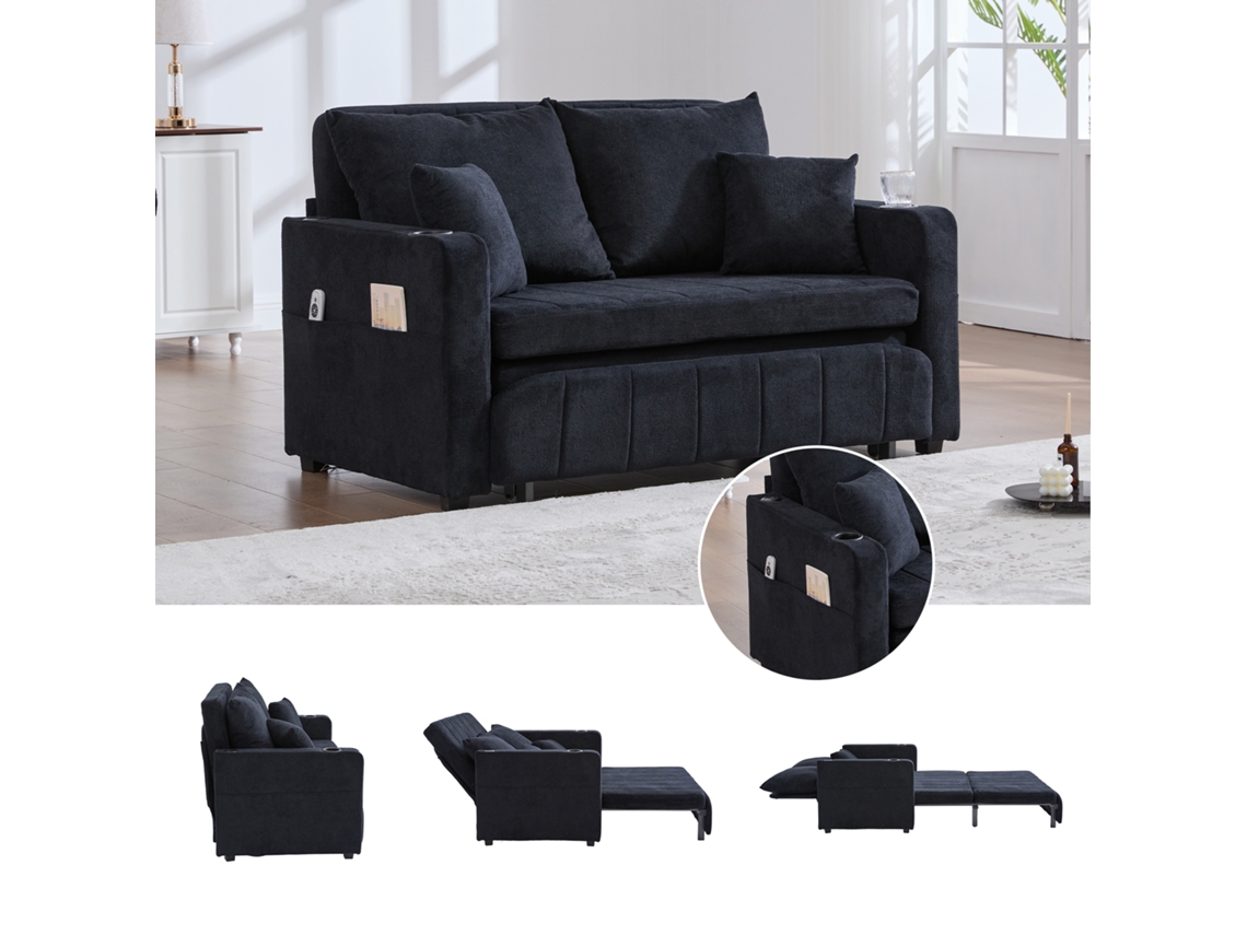 Sofá-cama Multifuncional Em Chenille Preto Com Usb, Porta-copos E Bolsos Laterais