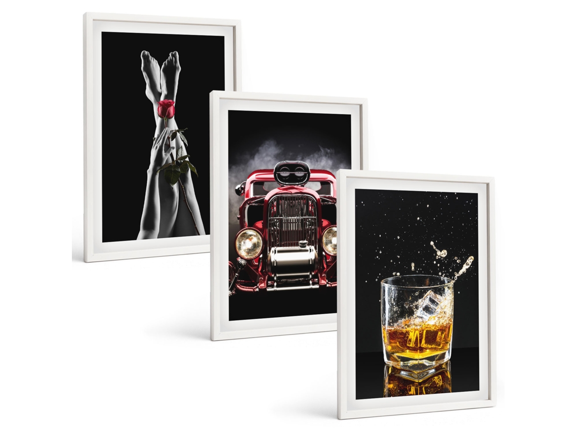 Quadros Decorativos Para Parede Pernas De Mulher, Rosa, Carro, Uísque Moldura Branca Quadros Para A Sala De Estar Espelharte (3 Piezas De 40x60 Cm)