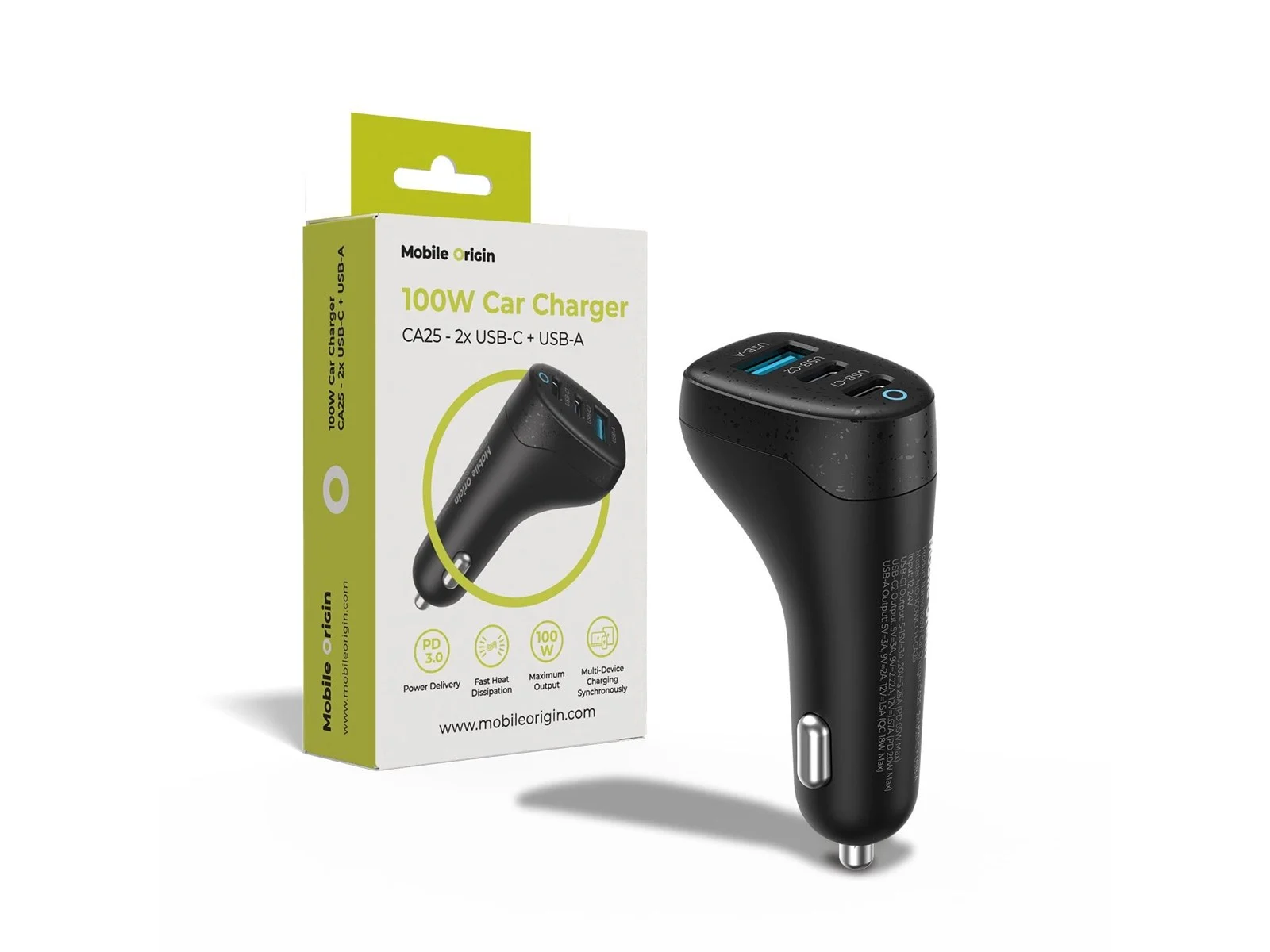 Carregador Veicular MOBILE ORIGIN 100w com 2 Portas Usb c e Usb a | MOBILE ORIGIN