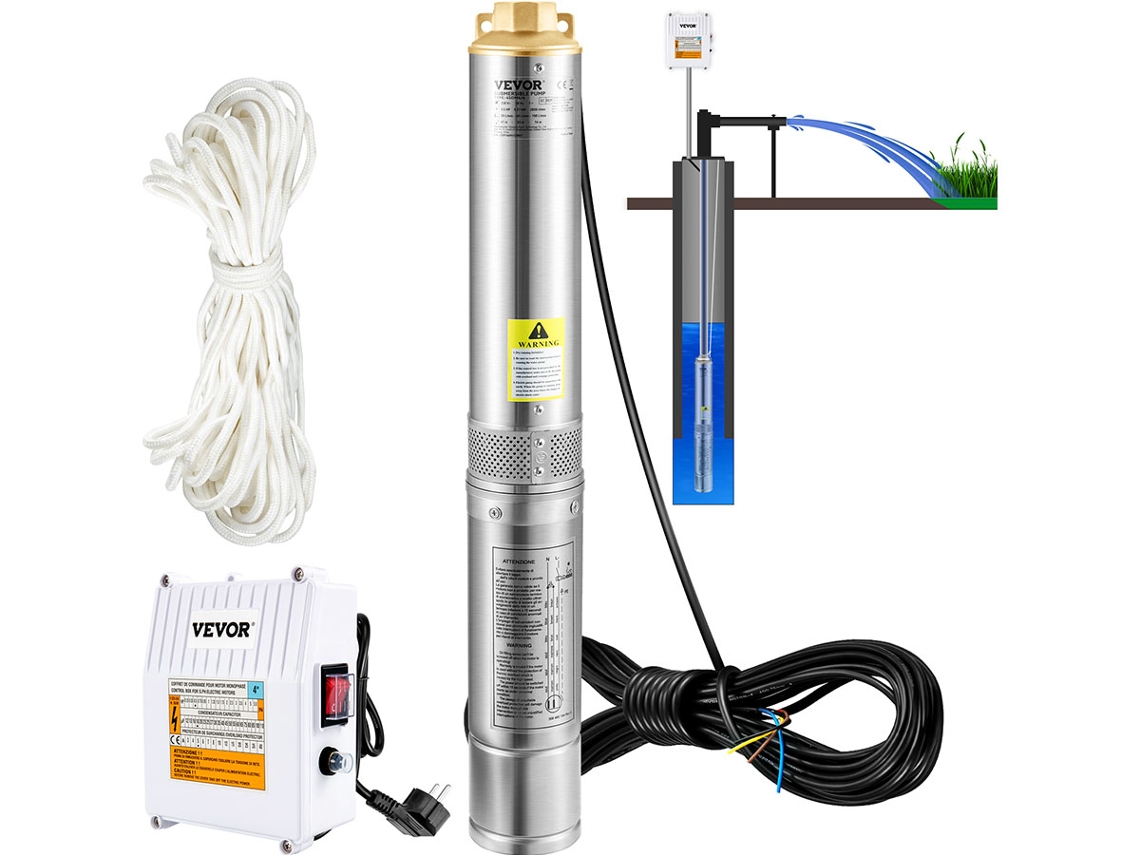 VEVOR Bomba Submersível para Poço Profundo Bomba de Água de Aço Inoxidável 1100 W 190 L/Min 57 M