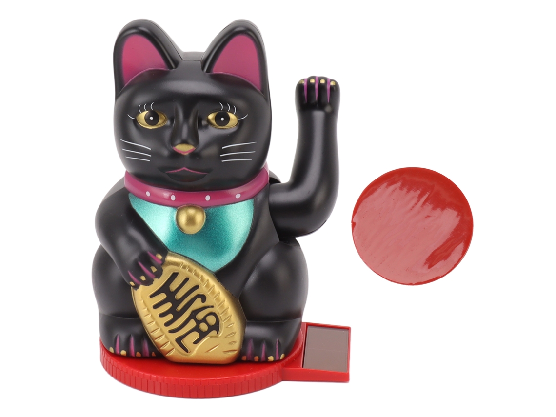 Gato da Sorte Solar com Braço Balançante, Base Giratória, Decorativo, Preto, 4 Polegadas
