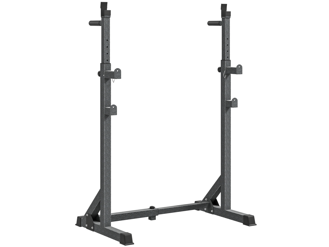 Suporte para barras de musculação com estrutura de aço ajustável em altura e largura, suporta até 150 kg, cor preta.
