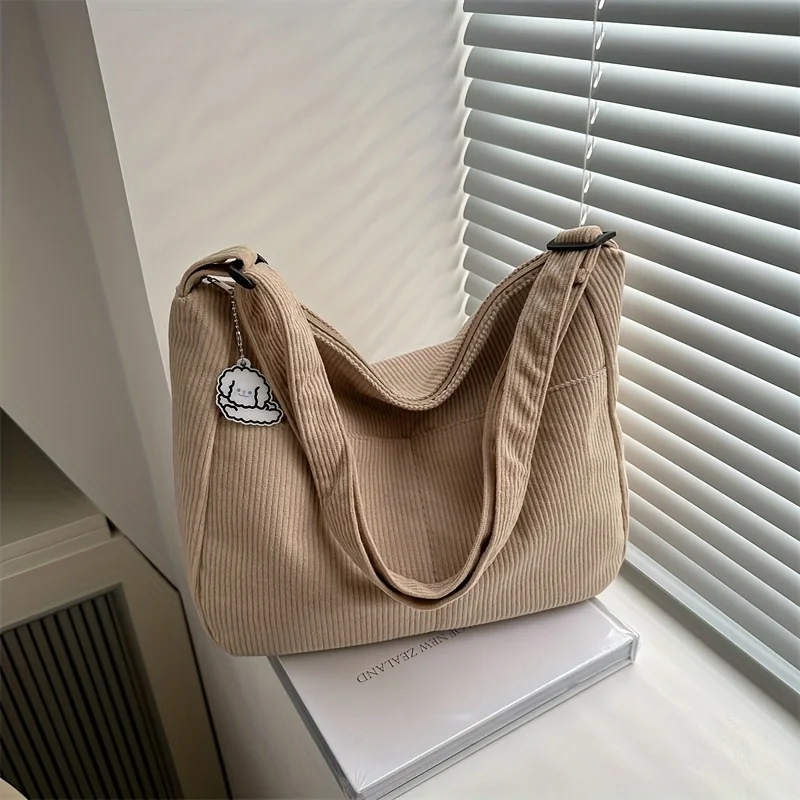 Bolsa de ombro feminina em veludo cotelê com zíper, charmosa aplicação de chapéu AQUAFORGE