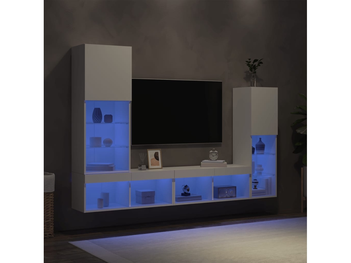 Vidaxl 4pcs Móveis De Parede P/ Tv C/ Leds Derivados De Madeira Branco