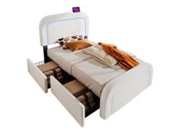 Cama Solteiro Estofada 90x200cm com Usb Tipo C,led,2 Gavetas e Cabeceira Ajustável,estrutura de Madeira Sherp Branco PAPRIKA
