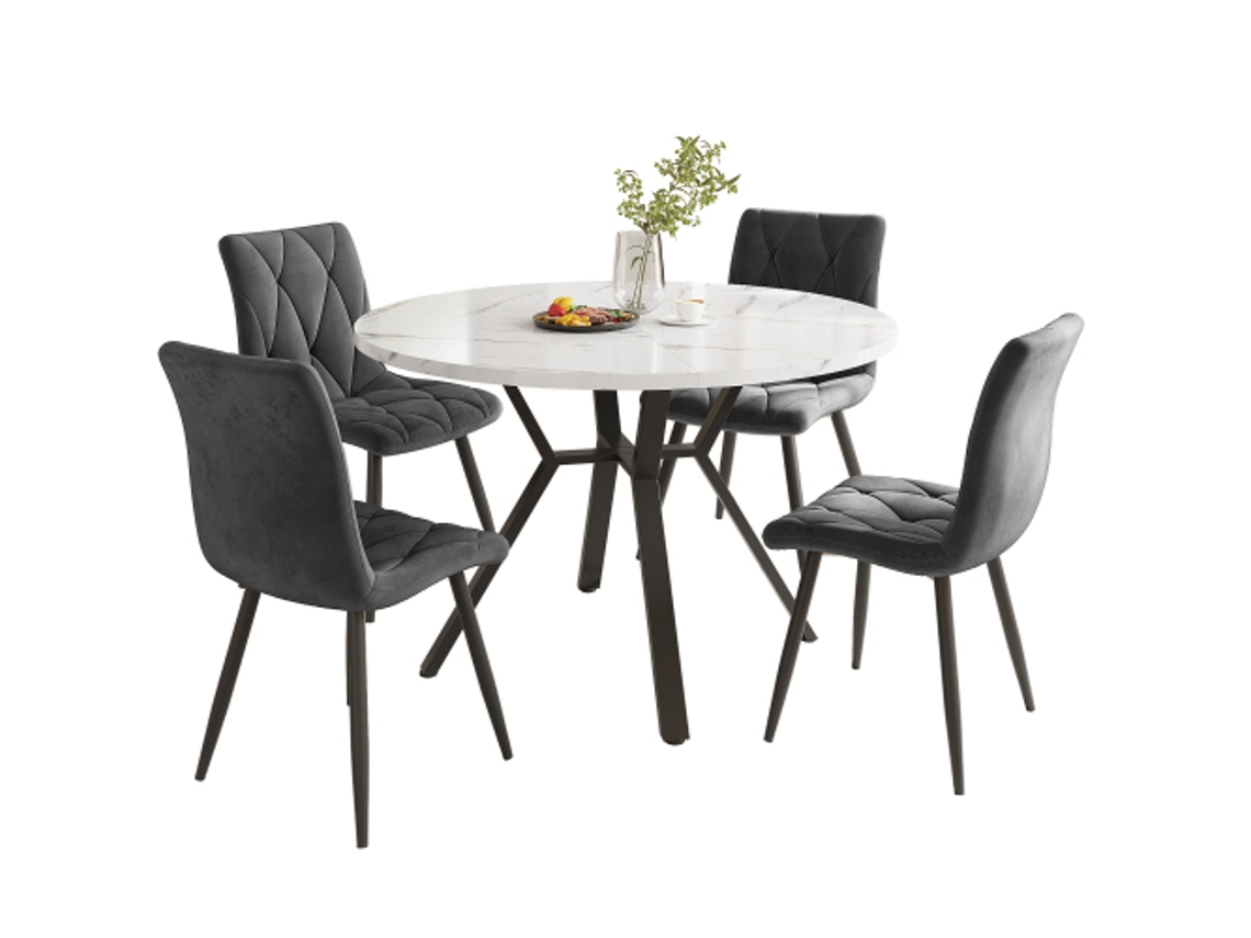 Conjunto de mesa e cadeiras para jantar (5 peças), design moderno e minimalista, mesa redonda de mármore com contrapesos de metal marrom + 4 cadeiras ergonômicas