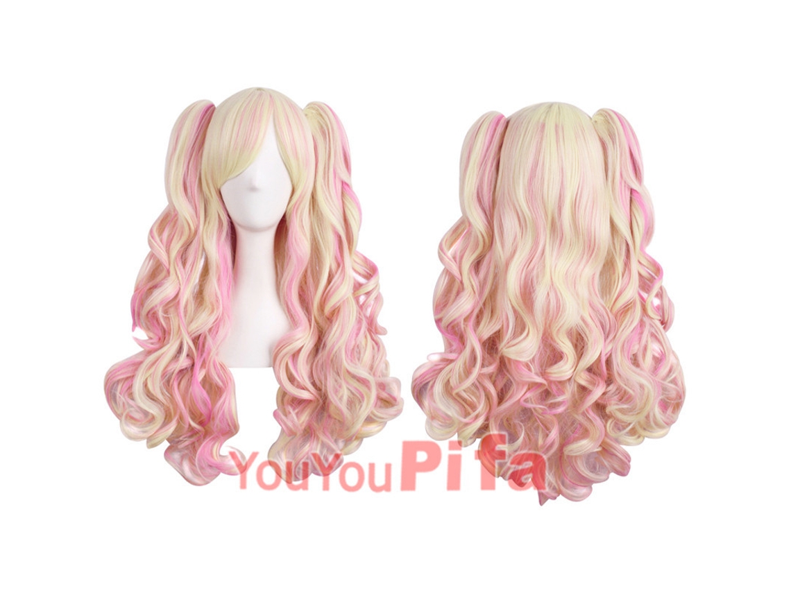 Peruca De Cosplay Rosa E Amarelo Pastel Com Rabos De Cavalo Duplos, Ondulada, Ideal Para Festas, Eventos De Anime E Fantasia