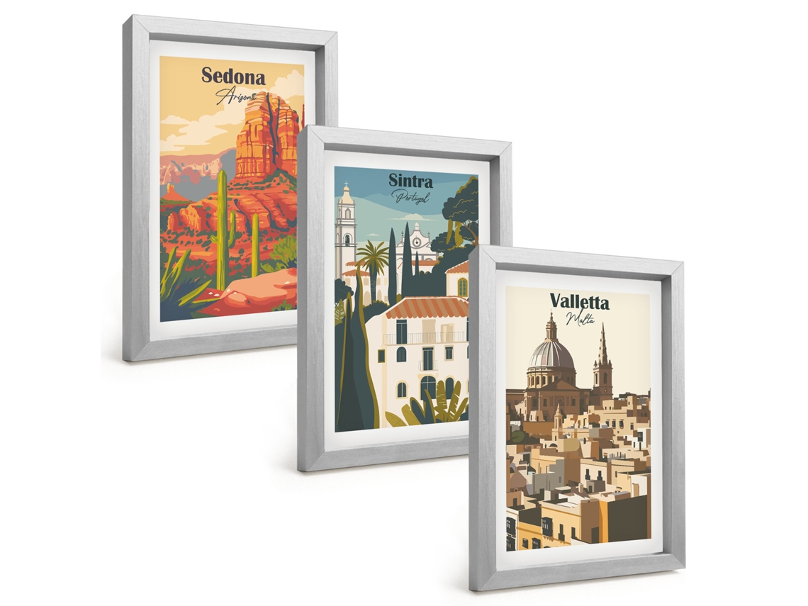 Composição De Quadros Vistas Retrô De Sedona, Sintra E Valletta Espelharte (3 Peças 20x30 Cm)