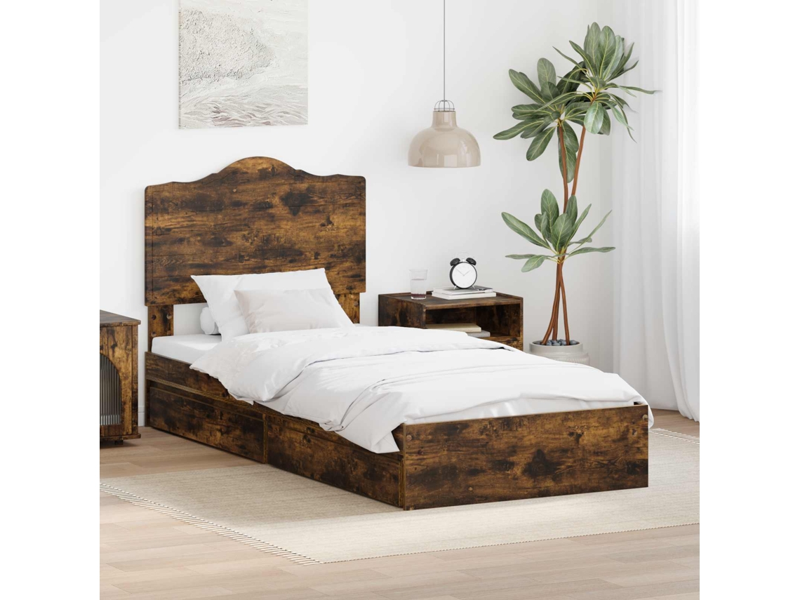 Vidaxl Cama Com Armazenamento Com Gaveta Carvalho Defumado 70 X 190 Cm