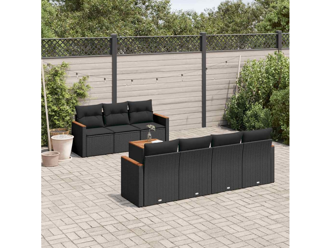 Vidaxl 8 Pcs Conjunto Sofás De Jardim Com Almofadões Vime Pe Preto