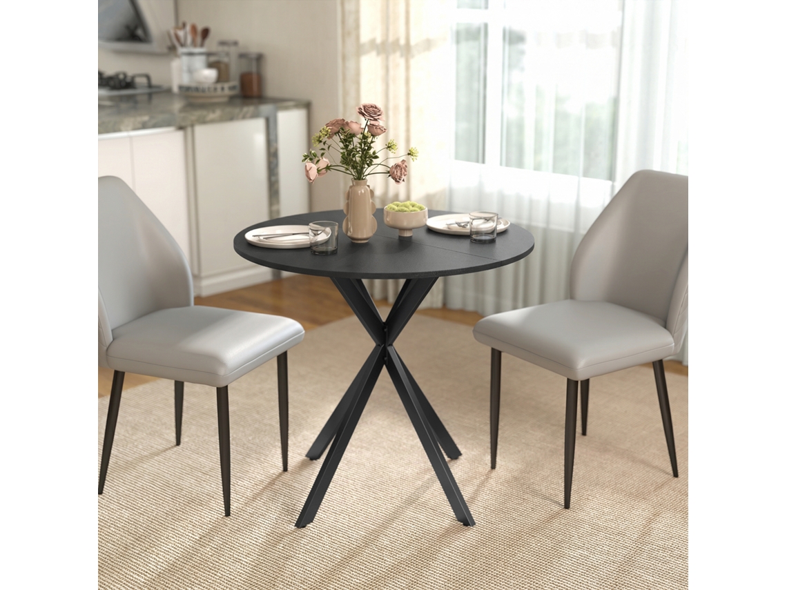 Mesa De Cozinha Redonda Com Tampo Compacto Em Aglomerado, Estrutura Metálica Preta E 80 Cm De Diâmetro -br