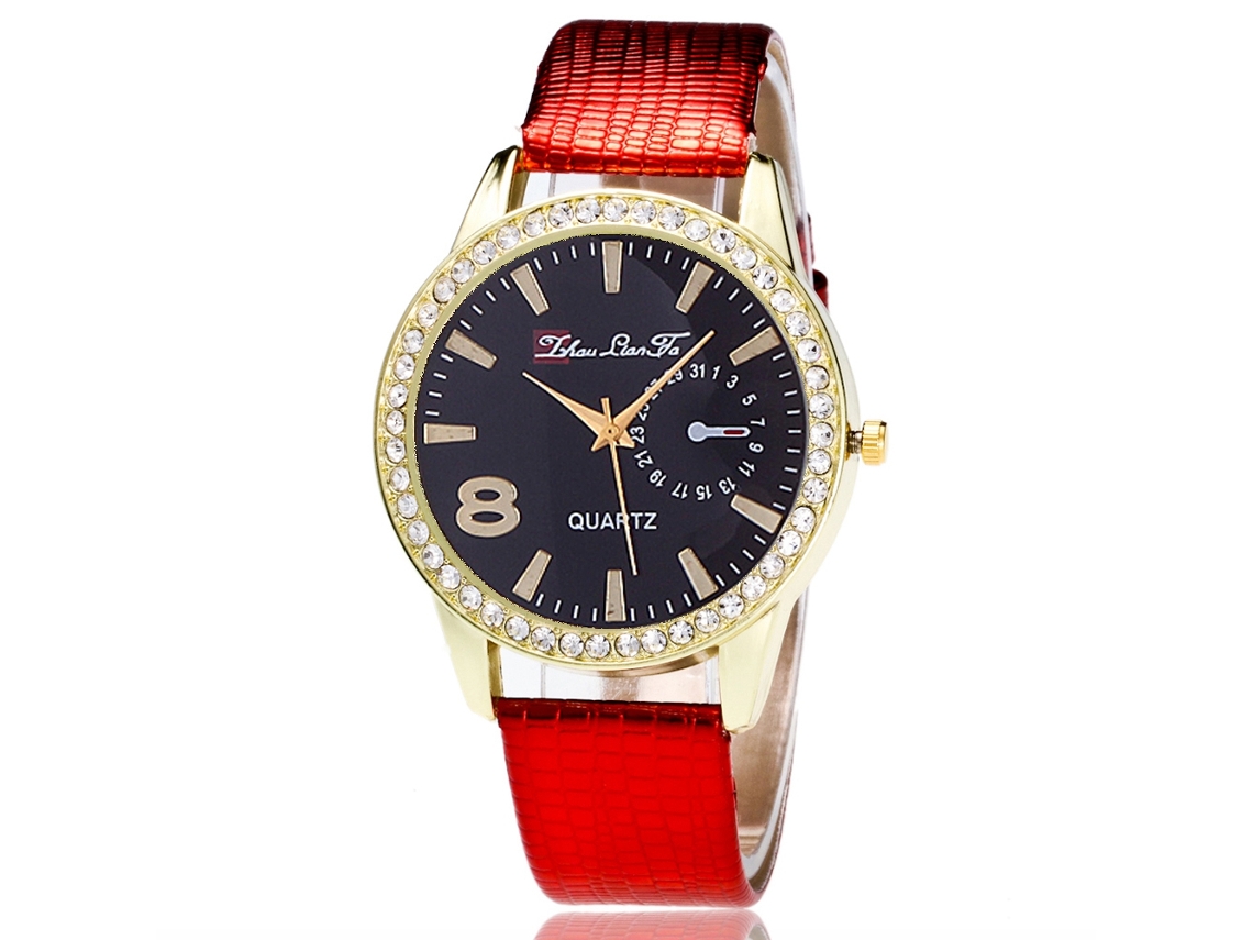 Relógio de Pulso Feminino de Quartzo com Pulseira de Couro Pu Estilo Simples Efeito Elegante Vermelho