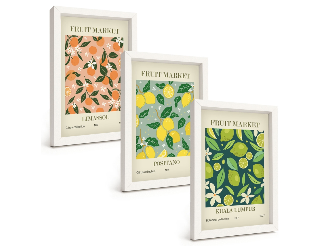 Composição De Quadros Estampas De Frutas, Flores Cítricas Espelharte (3 Peças 20x30 Cm)