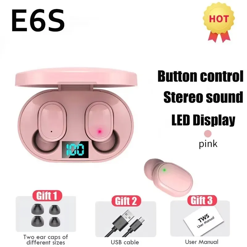 Auriculares Bluetooth TWS E6s Rosa com Cancelamento de Ruído, Microfone, MDUG