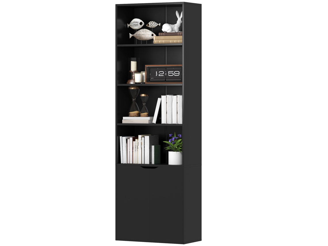 Estante Com 4 Compartimentos Abertos E 2 Portas, 59x29x180cm, Sala E Escritório, Preto