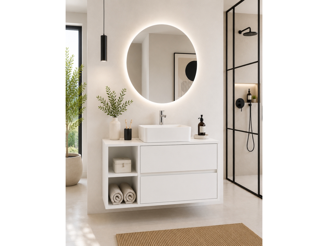 Móvel De Casa De Banho Com Bancada De Madeira E Lavatório De Pousar Origenbath Zeus Sem Espelho 120x45 Cm 1 Cuba Esquerda Branco