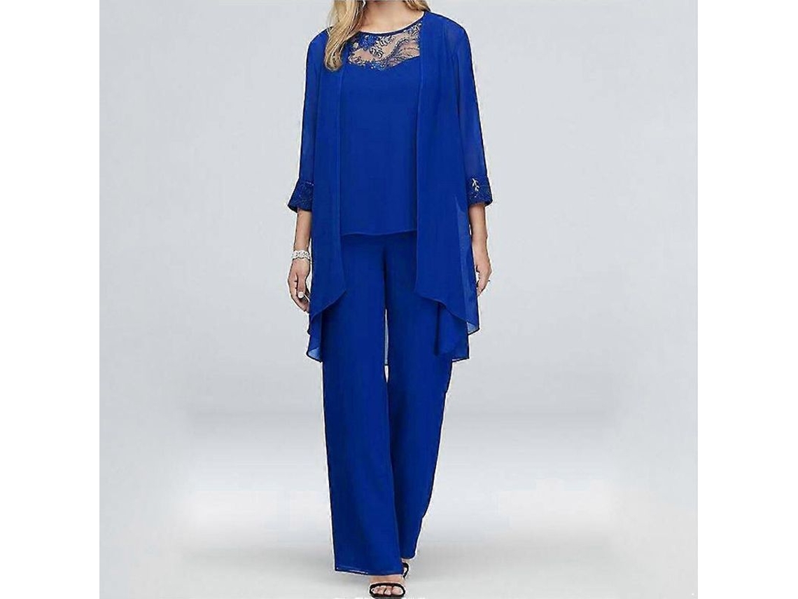 Conjunto 3 Peças Para Festa Feminina: Regata, Cardigan E Calça Longa - Tecido De Poliéster, Confortável E Elegante Azul