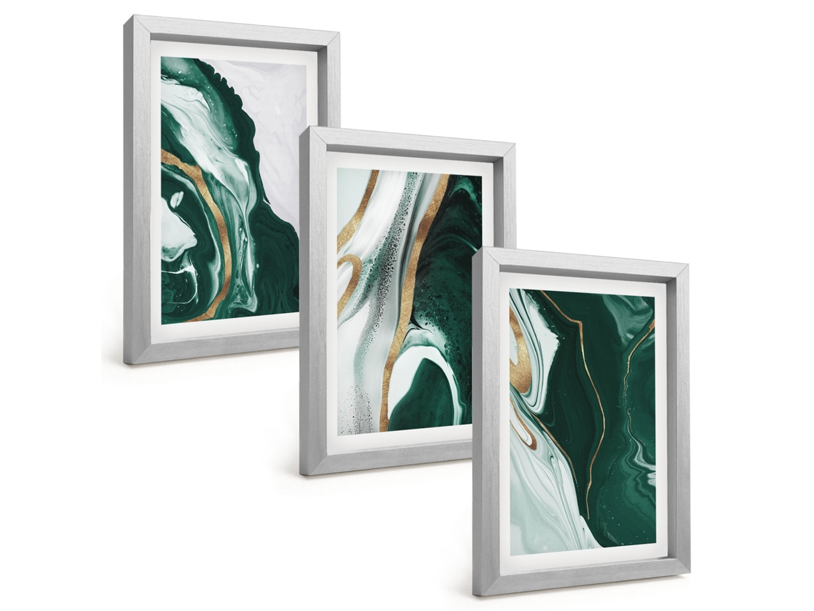 Composição De Quadros Padrões Abstratos De Tinta Verde Espelharte (3 Peças 20x30 Cm)