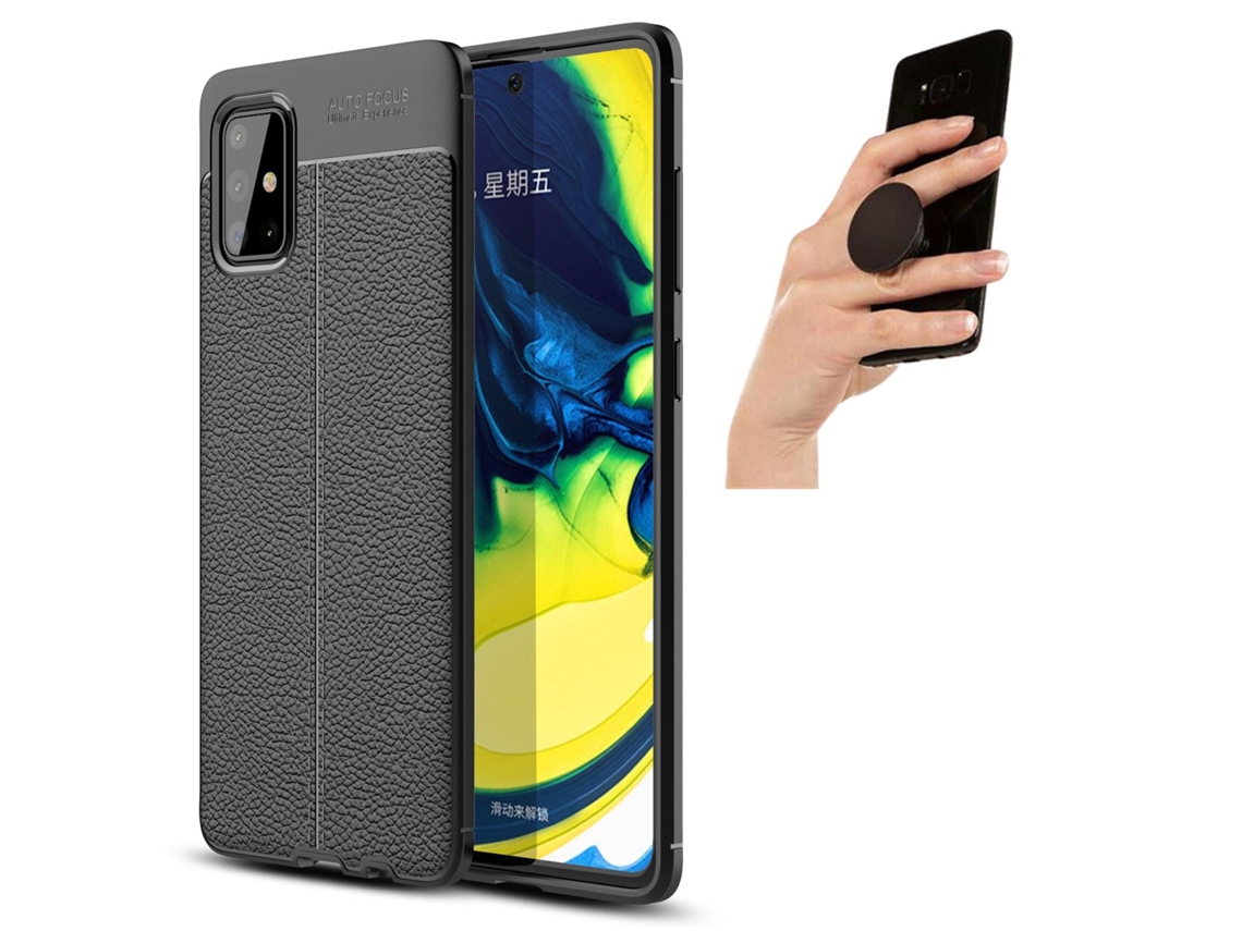 Capa Rugged Leather Antichoque Popsocket Multifunção Samsung A71 - Preto