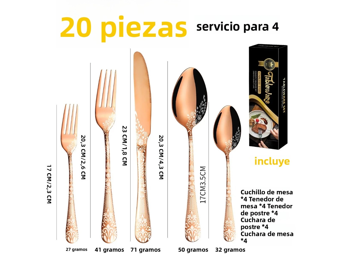 Conjunto de Talheres de Aço Inoxidável com 20 Peças, Incluindo Faca, Garfo e Colher. MDUG (rosa Dourado)