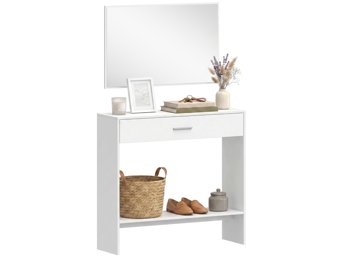 Console de Entrada Com Espelho, Gaveta E Prateleira Para Hall, 91,5x27,9x85,5 Cm, Branco