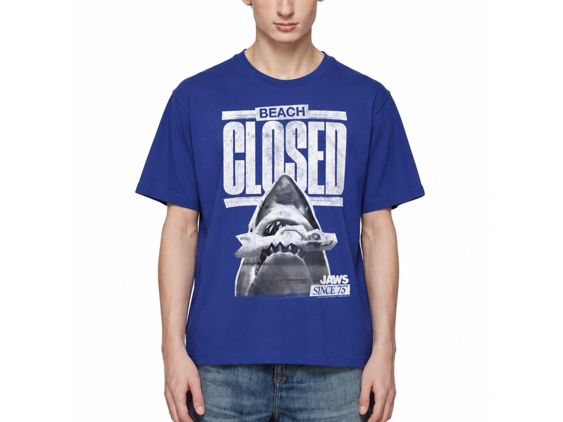 Rockinstone Jaws Movie Beach Closed Solid Royal Adult T-shirt Size:s