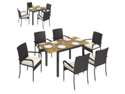Conjunto de 7 Peças para Jardim em Vime e Cadeiras, com Mesa Extensível com Tampo de Madeira e 6 Cadeiras Empilháveis e Almofadas Ge