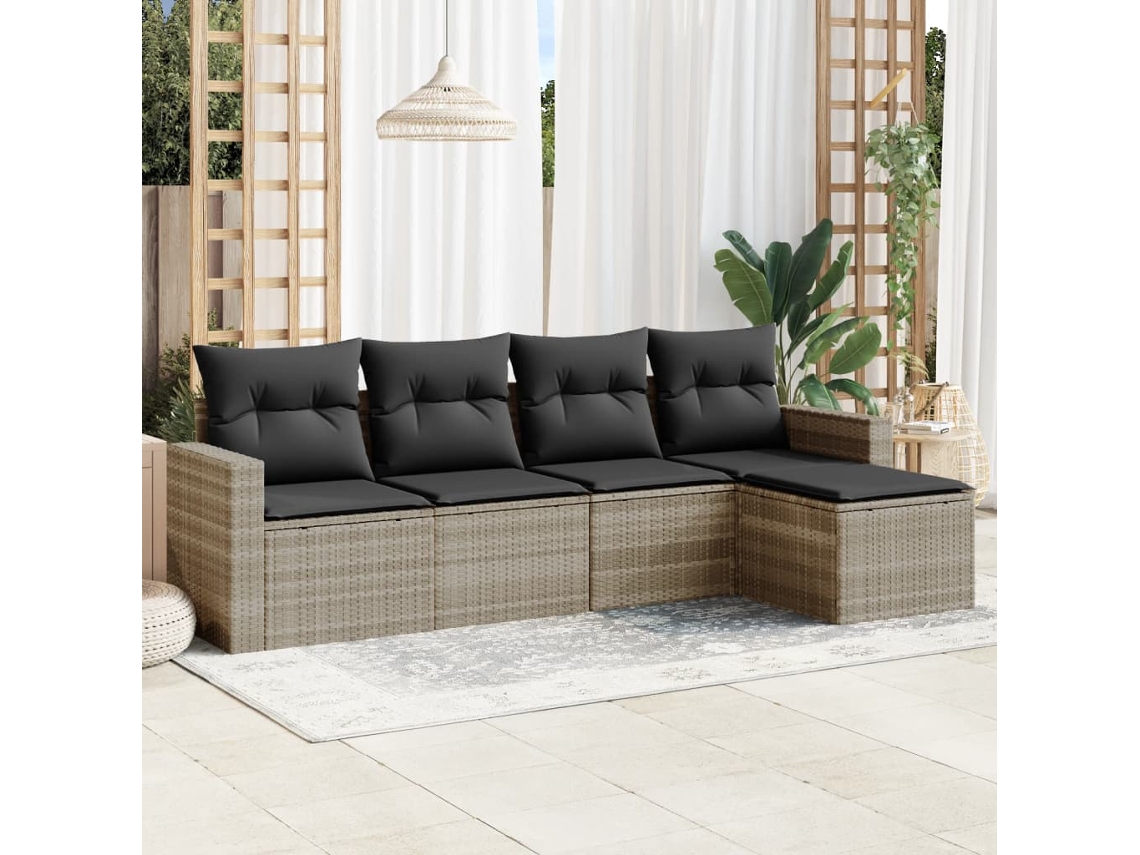 Vidaxl 5 Pcs Conj. Sofás Jardim C/ Almofadões Vime Pe Cinzento-claro
