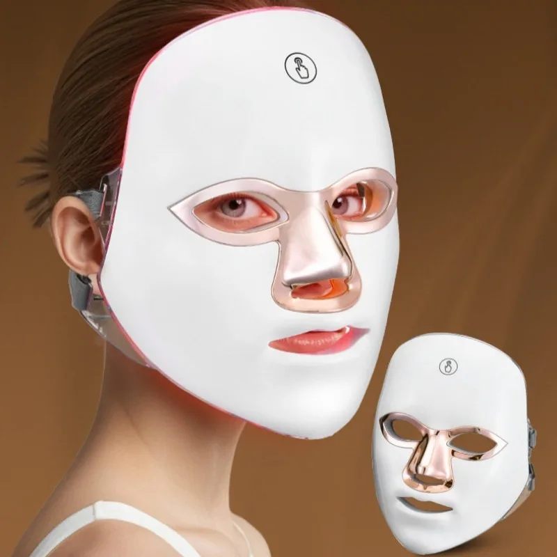 Máscara facial de LED com 7 núcleos, com terapia de luz vermelha e azul para rejuvenescimento da pele facial por fótons.