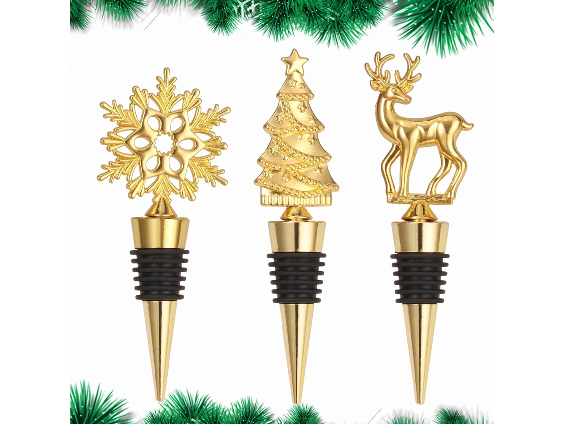 Conjunto De 3 Rolhas Decorativas Para Garrafas De Vinho Com Flocos De Neve, Árvore E Renas - Tema Natalino