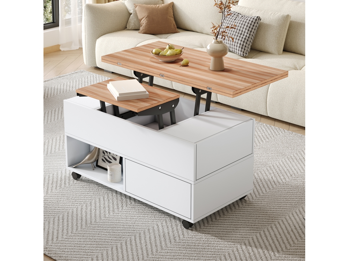 Mesa de Centro com 4 Rodas 4 Gavetas Elevável Multifuncional Branco + Madeira MOBRIO (100 X 50 X 52 cm)