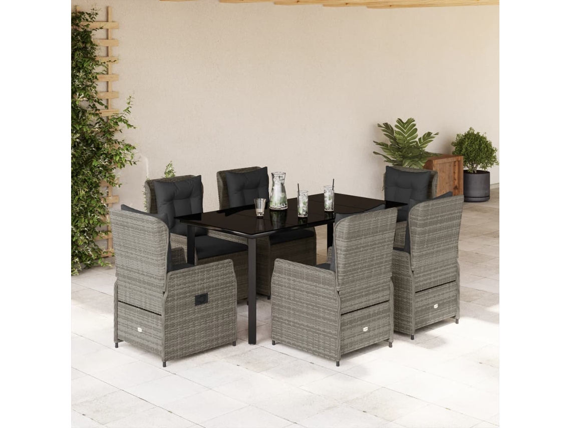 7 Pcs Jogo De Jantar P/ Jardim C/ Almofadões Vime Pe Cinza Dkd Home Decor