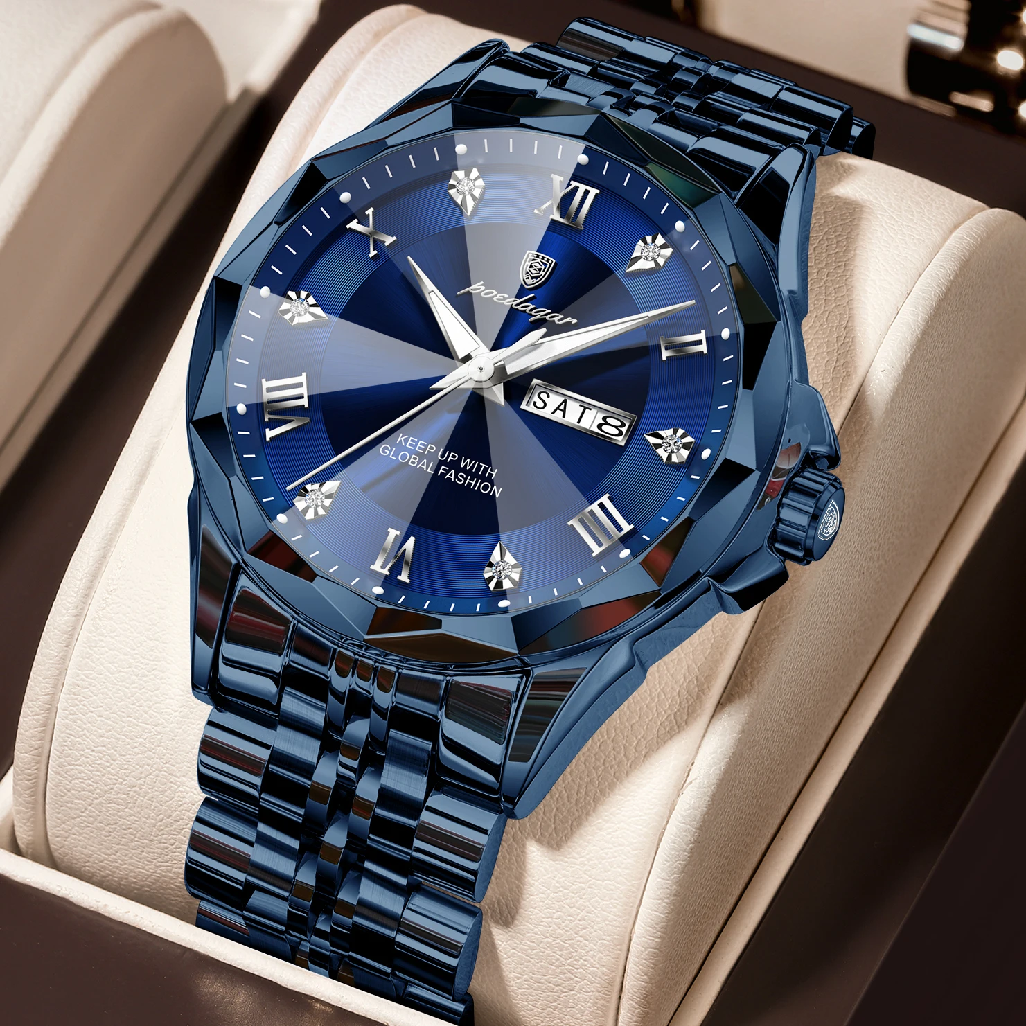 (Azul) Relógio masculino de alta qualidade, à prova d'água, luminoso, com exibição de data e dia da semana, relógio luxuoso para homens.