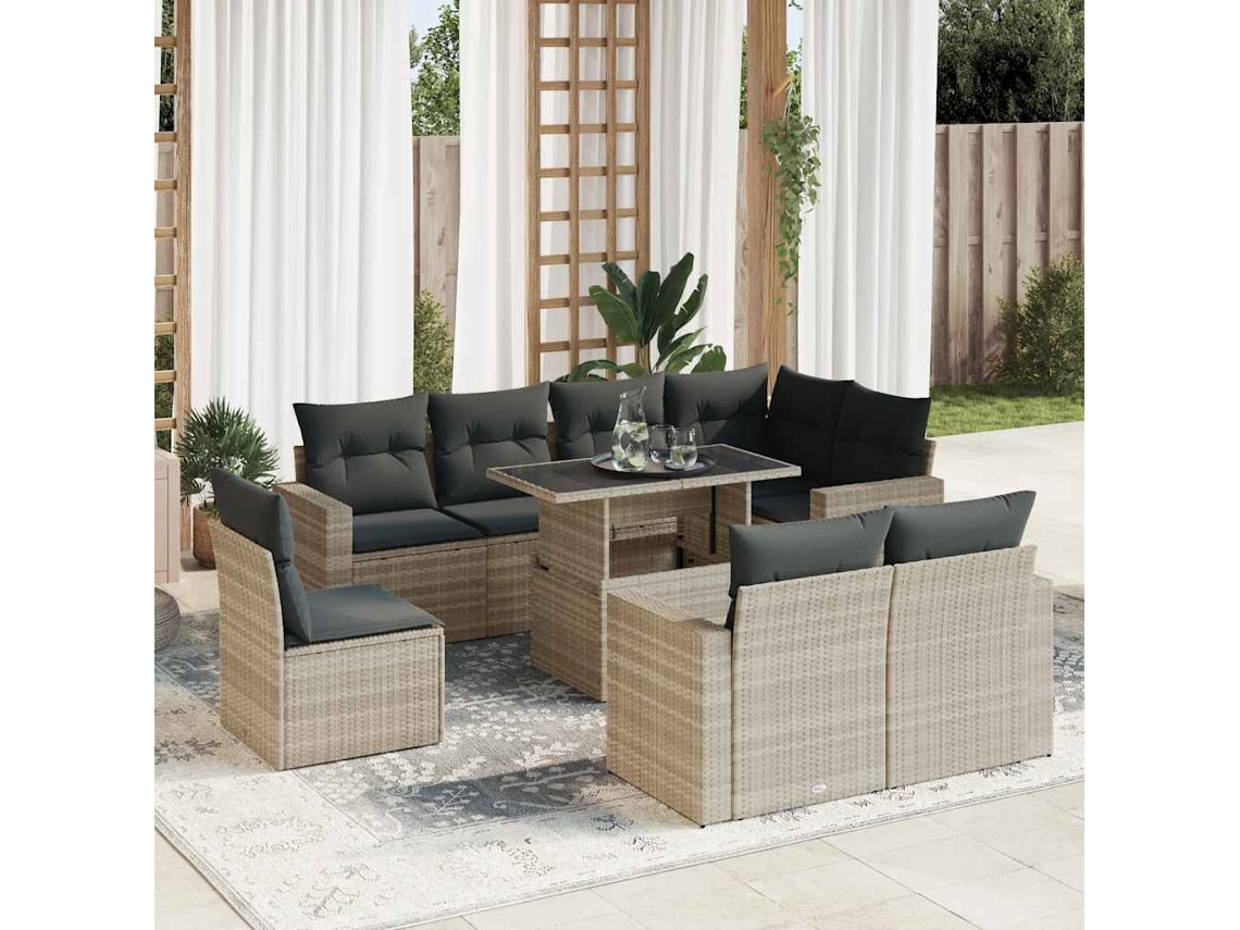 Vidaxl 9 Pcs Conj. Sofás Jardim Com Almofadões Vime Pe Cinzento-claro