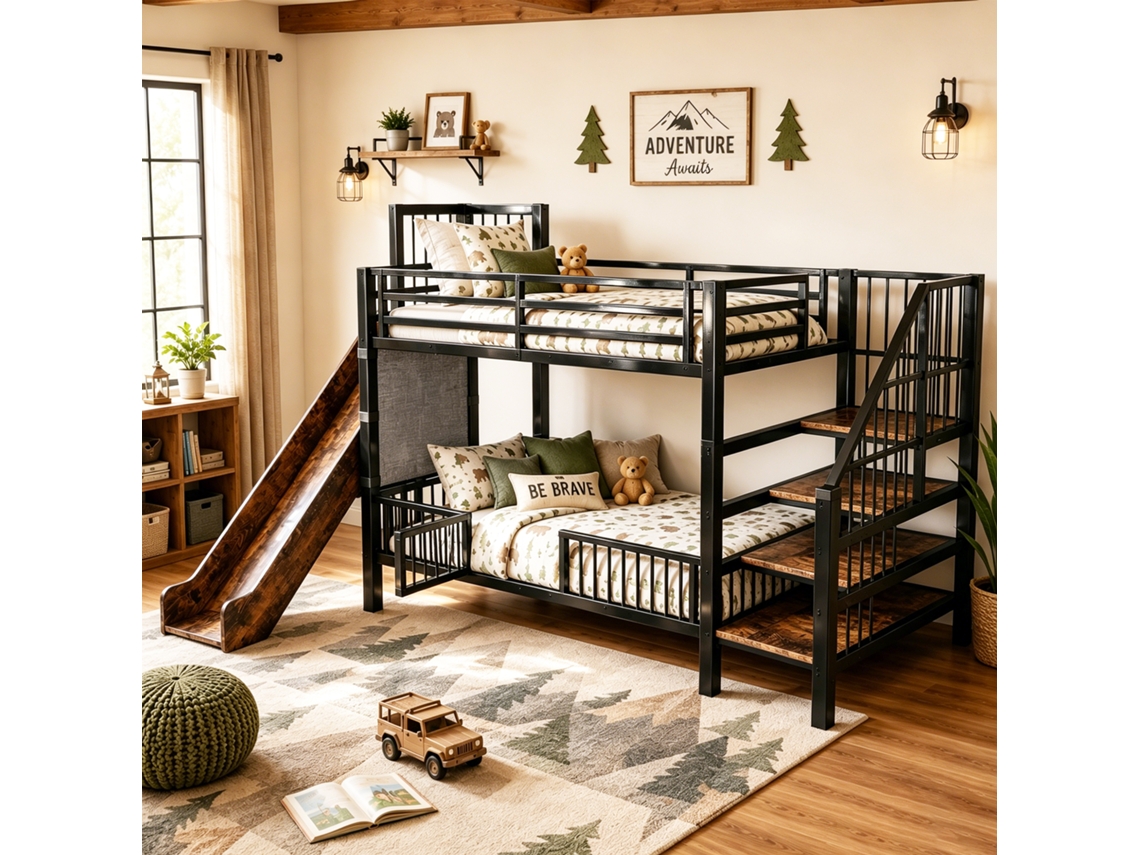 Cama Elevada De Metal Infantil Com Escorrega E Escada-armário 90x200 Cm